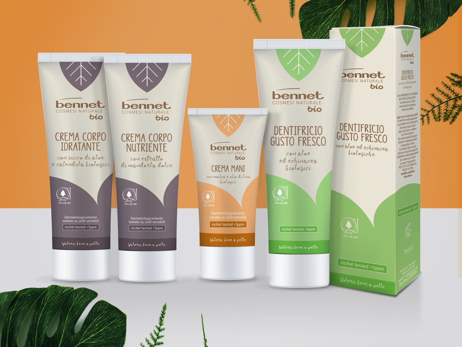 packaging design cosmesi Bennet bio cura corpo e igiene orale