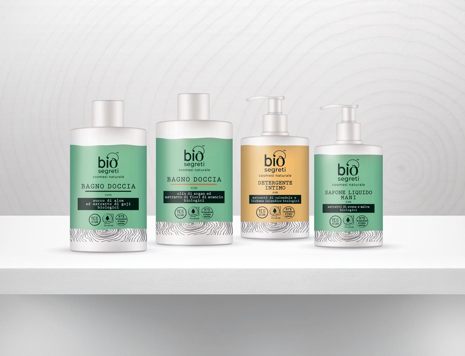 Packaging design di prodotti cosmetici naturali per la detergenza del corpo destinati alla GDO realizzato da WillBe