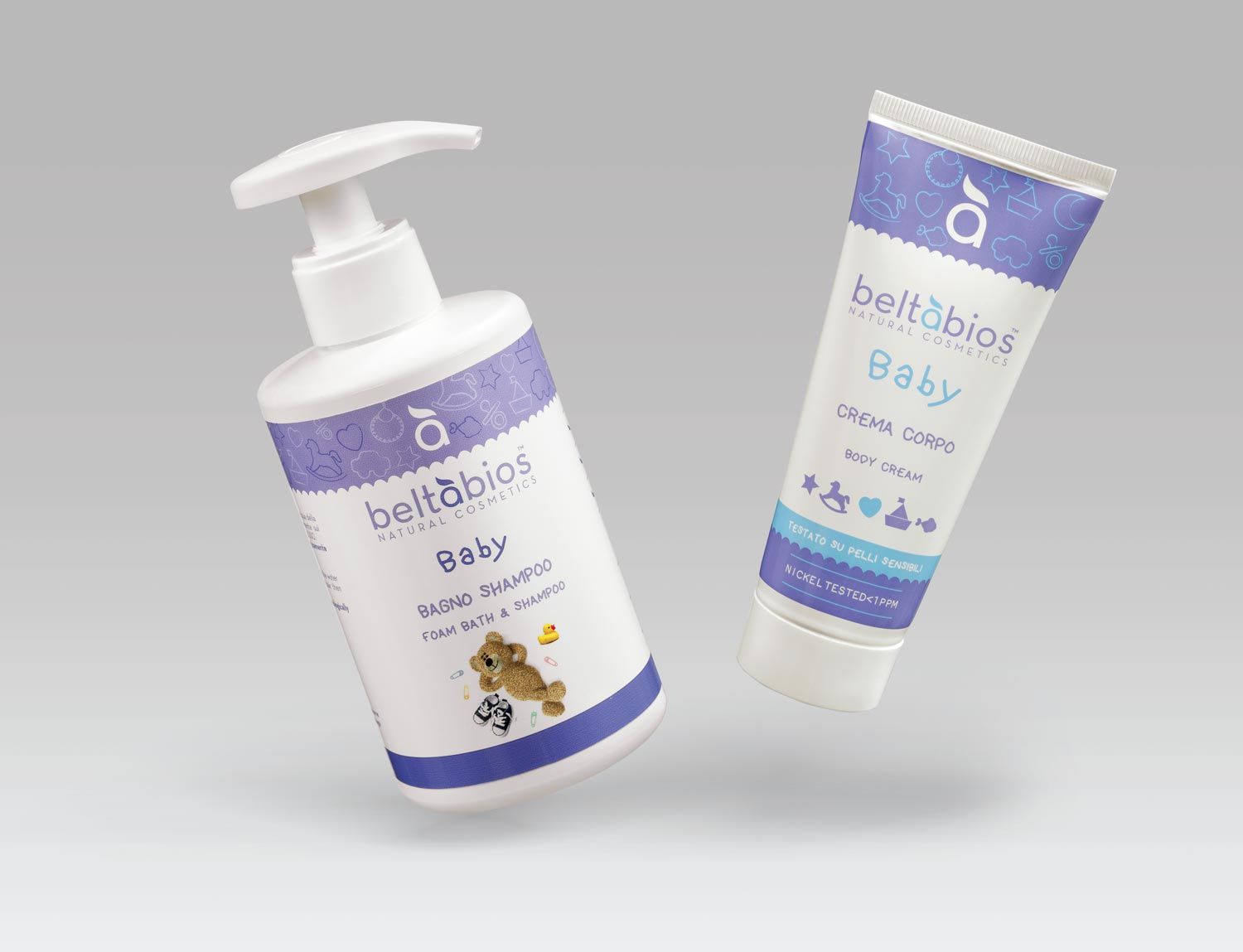 Packaging design di prodotti cosmetici naturali bagno shampoo e crema corpo per bambini realizzato da WillBe