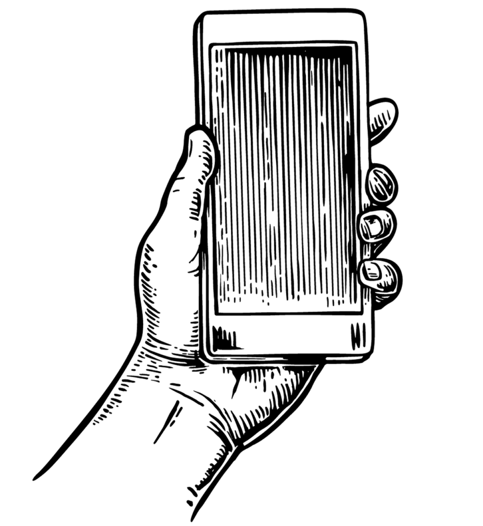Illustrazione incisione vettoriale di uno smartphone in una mano utilizzata sul sito Willbe nei servizi di digital experience