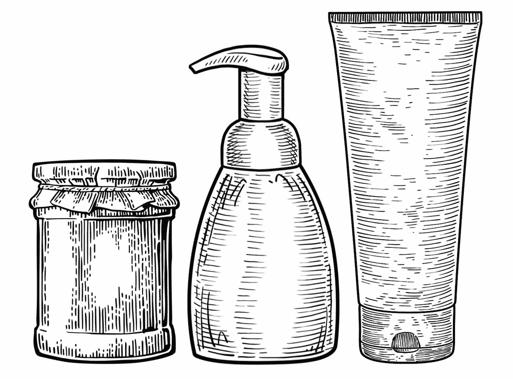 Illustrazione incisione vettoriale di barattolo, flacone e tubo utilizzata sul sito Willbe nei servizi di Packaging design