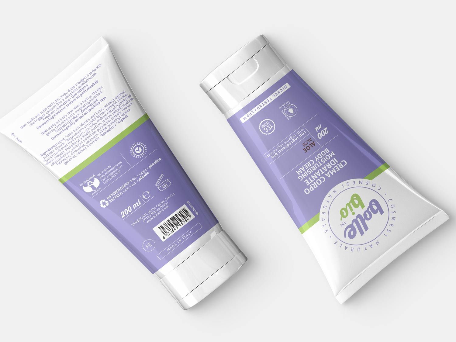Packaging design di tubo crema corpo fronte e retro di cosmesi naturale per millennial realizzato da WillBe