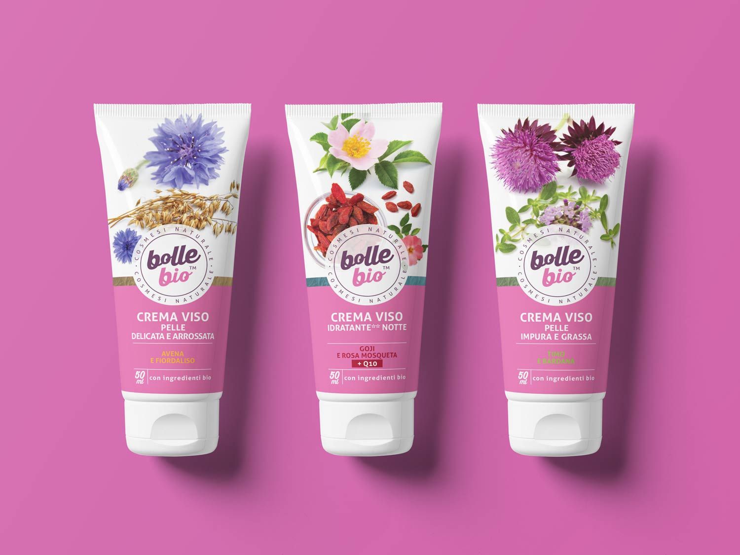 Packaging design di tubi creme viso di cosmesi naturale per millennial realizzato da WillBe