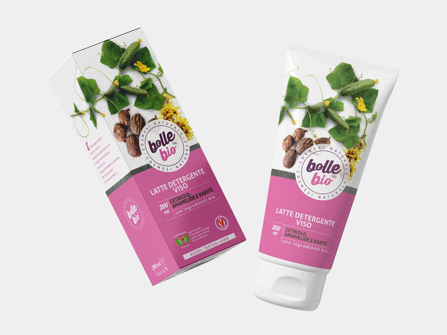 Packaging design di tubo e scatola latte detergente viso cosmesi naturale per millennial realizzato da WillBe