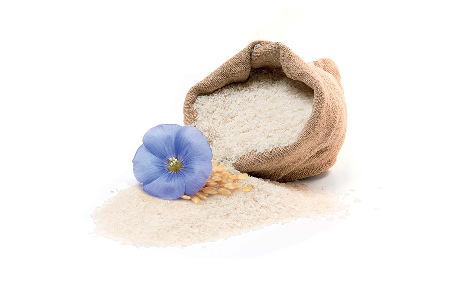 Sacchetto di riso bianco con fiore azzurro usato nel packaging design di prodotti cosmetici naturali realizzato da WillBe